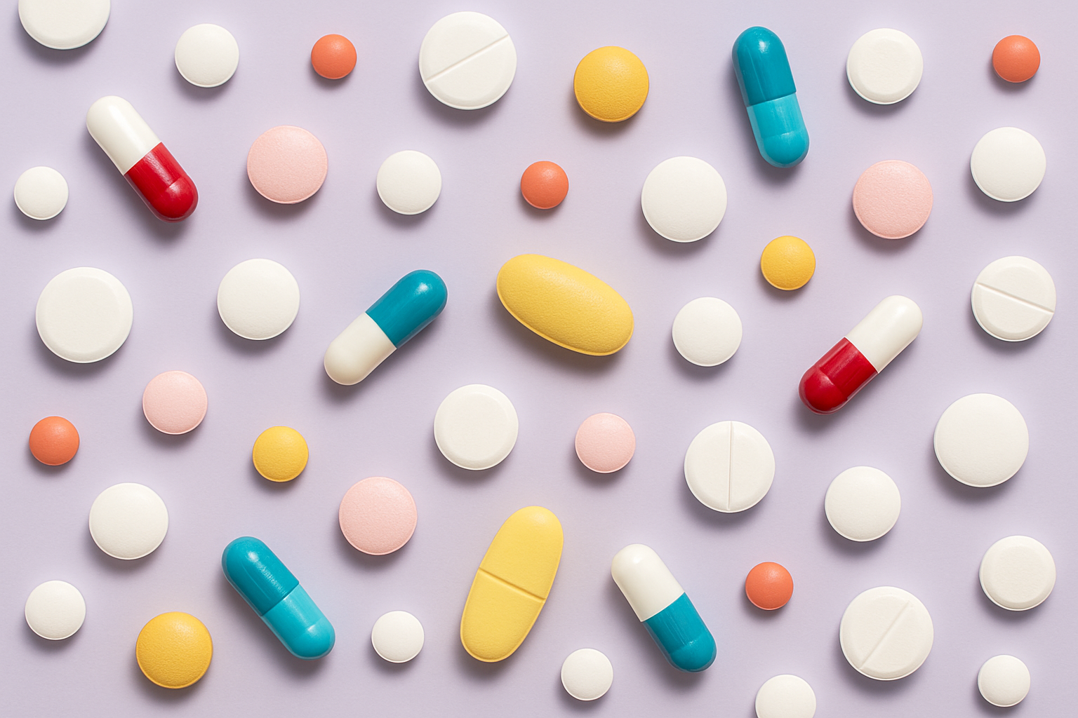 image of different pills and medication on a light purple background