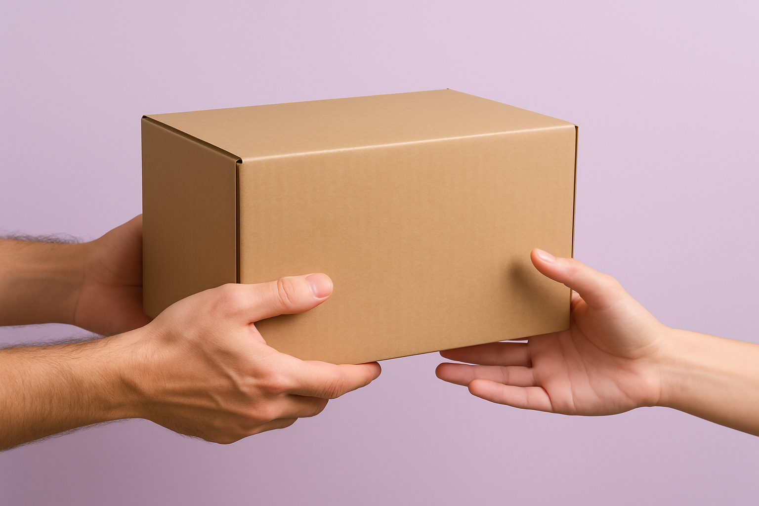 image of hands receiving a package on a light purple background
